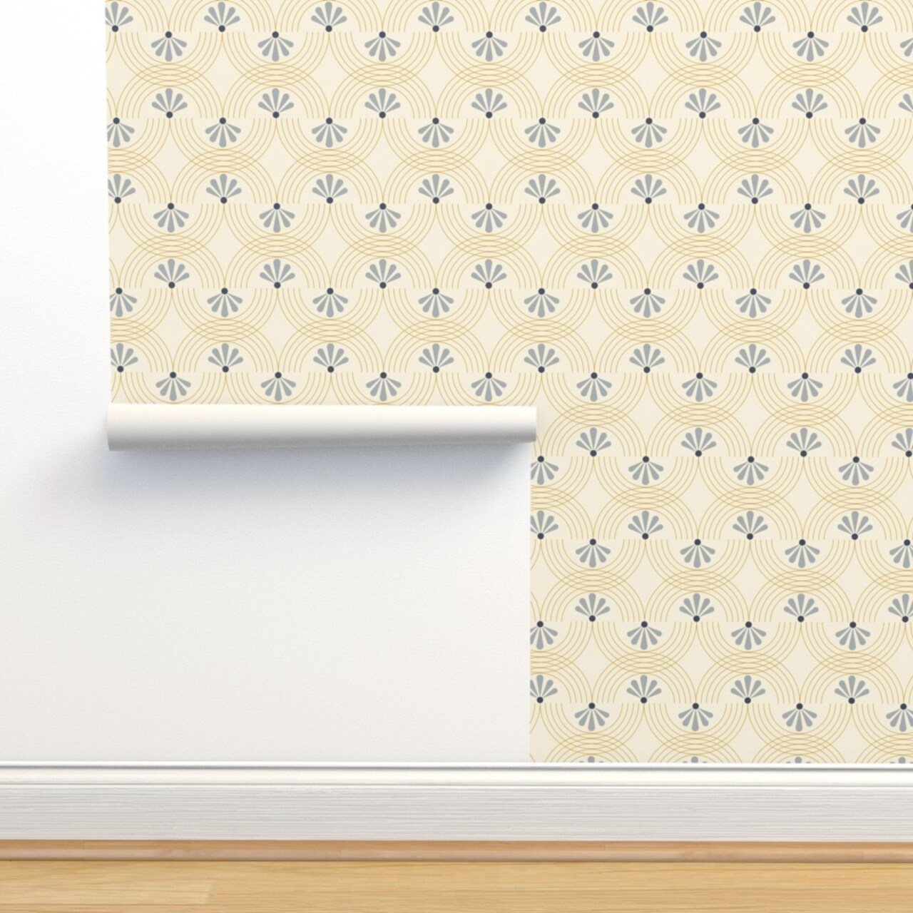 Retro Floral Yellow Swirls Blue Gray Deco Flowers Custom Removable Wallpaper by Spoonflower Peel & Stick Wallpaper 2FT Wide